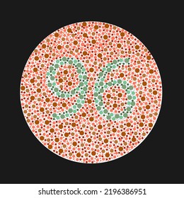 Ishihara test for color blindness. Color blind test. Green number 96 for colorblind people. Vector illustration.