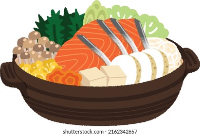 Ishikari Nabe is a local dish of Hokkaido. Boil a lot of vegetables and salmon together in a pot seasoned with miso and eat