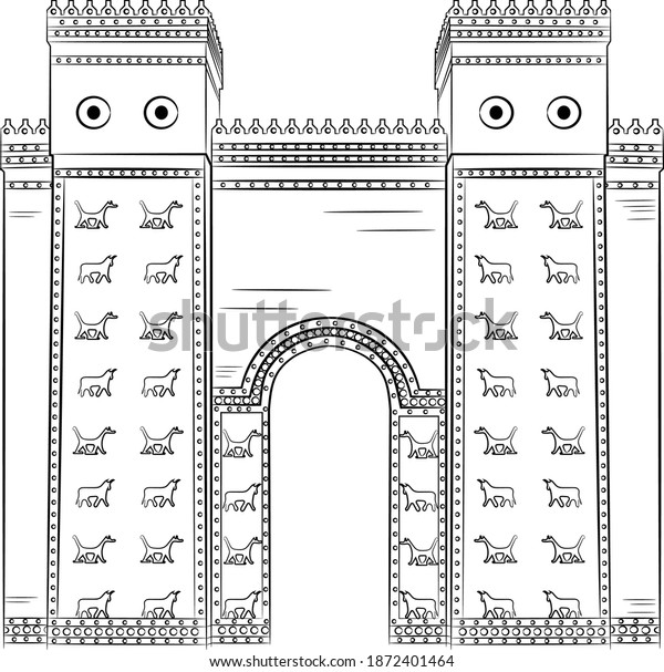 古代都市バビロン 現在のイラク の幹線道路の上に位置する巨大な燃えかかった煉瓦造りの玄関口 イシュタル門 紀元前575年頃に建てられ 市内の第8番目の城門となった のベクター画像素材 ロイヤリティフリー