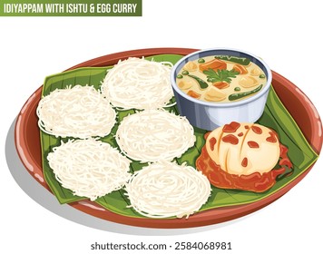 Ishtu Vegetable Stew and Egg Curry Served on Banana Leaf with String Hoppers or Idiyappam in Earthen Thali.  Keralan Breakfast Cuisine Vector Art 