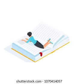 Isimetric book isolated on white background. 3d book with reading woman. Education concept. Vector illustration.