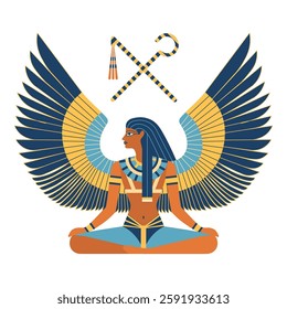 Isis ancient Egyptian goddess of magic and wisdom. Divine Egypt female god character with wings in flat design.
