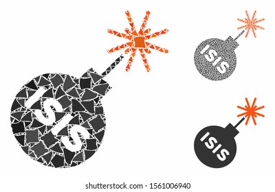 ISIS bomb mosaic of bumpy parts in different sizes and shades, based on ISIS bomb icon. Vector uneven dots are united into collage. ISIS bomb icons collage with dotted pattern.