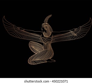 Isis Goddess of health, marriage, and love. Isis depicted with outstretched wings. Vector Illustration.
