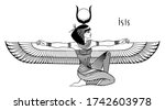 Isis, goddess of life and magic in Egyptian mythology.  The greatest goddesses of Ancient Egypt, protect women, children, heal sick. Vector isolated illustration in black and white. Winged woman