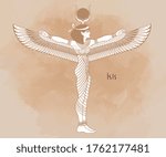Isis, goddess of life and magic in Egyptian mythology.  One of the greatest goddesses of Ancient Egypt, protects women, children, heals sick. Vector illustration. Winged woman.