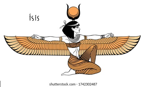 Isis, goddess of life and magic in Egyptian mythology.  One of the greatest goddesses of Ancient Egypt, protects women, children, heals sick. Vector isolated illustration. Winged woman. Print, poster.
