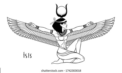 Isis, goddess of life and magic in Egyptian mythology.  One of the greatest goddesses of Ancient Egypt, protects women, children, heals sick. Vector isolated illustration in black and white. Winged.