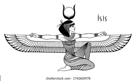 Isis, goddess of life and magic in Egyptian mythology.  The greatest goddesses of Ancient Egypt, protect women, children, heal sick. Vector isolated illustration in black and white. Winged woman