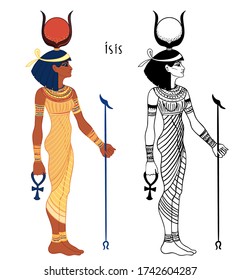 Isis, goddess of life and magic in Egyptian mythology. One of the greatest goddesses of Ancient Egypt, protects women, children, heals sick. Vector isolated illustration. Standing woman. Print, poster