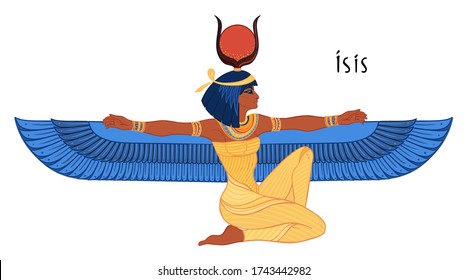 Isis, goddess of life and magic in Egyptian mythology.  One of the greatest goddesses of Ancient Egypt, protects women, children, heals sick. Vector isolated illustration. Winged woman. Print, poster.