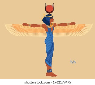 Isis, Goddess Of Life And Magic In Egyptian Mythology.  One Of The Greatest Goddesses Of Ancient Egypt, Protects Women, Children, Heals Sick. Vector Illustration. Winged Woman.