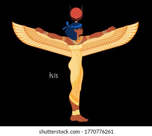 Isis, goddess of life and magic in Egyptian mythology.  One of the greatest goddesses of Ancient Egypt, protects women, children, heals sick. Vector illustration. Winged woman.