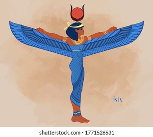 Isis, Goddess Of Life And Magic In Egyptian Mythology.  One Of The Greatest Goddesses Of Ancient Egypt, Protects Women, Children, Heals Sick. Vector Illustration. Winged Woman.