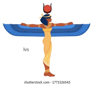 Isis, Goddess Of Life And Magic In Egyptian Mythology.  One Of The Greatest Goddesses Of Ancient Egypt, Protects Women, Children, Heals Sick. Vector Illustration. Winged Woman.