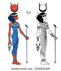 Isis, Goddess Of Life And Magic In Egyptian Mythology. One Of The Greatest Goddesses Of Ancient Egypt, Protects Women, Children, Heals Sick. Vector Isolated Illustration. Standing Woman.