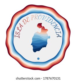 Insignia de Isla de Providencia. Mapa de la isla con bellas olas geométricas y vibrante marco azul rojo. Logo de la Isla de Providencia. Ilustración vectorial.
