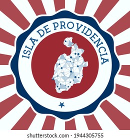 Isla de Providencia Badge. Round logo of island with triangular mesh map and radial rays. EPS10 Vector.