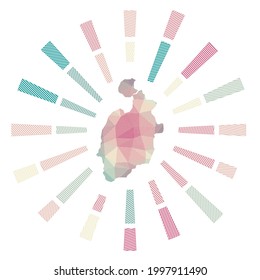 Isla de Providencia sunburst. Low poly striped rays and map of the island. Neat vector illustration.