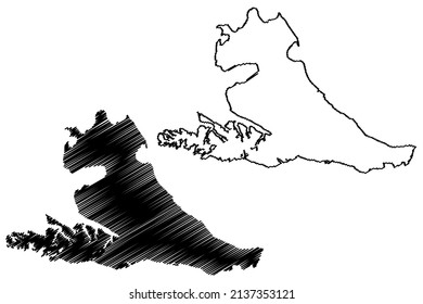 Isla Grande de Tierra del Fuego Insel (Argentinische Republik, Republik Chile, Süd- und Lateinamerika) Karte, Vektorgrafik, Skizzenkarte