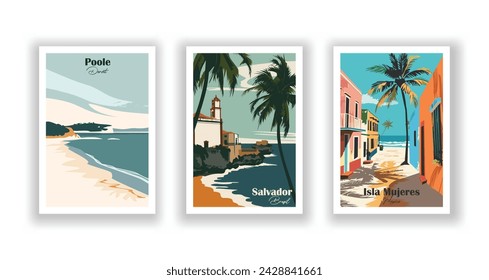 Isla Mujeres, Mexico. Poole, Dorset. Salvador, Brazil - Vintage travel poster. Vector illustration. High quality prints