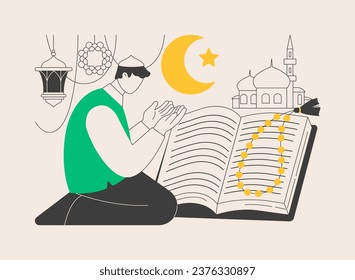 Islam abstract concept vector illustration. Abrahamic monotheistic religion, prophet muhammad, muslim people prays, mosque, ramadan mubarak, ramazan, holy book quran, god allah abstract metaphor.