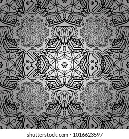 Islam, Arabic, Indian, ottoman motifs. Perfect for printing on fabric or paper. Vintage decorative elements. Hand drawn sketch on white, black, gray colors. Vector seamless pattern tile with mandalas.