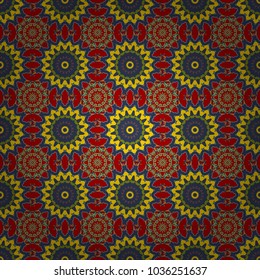 Islam, Arabic, Indian, ottoman motifs. Vector vintage decorative elements in red, yellow and blue colors. Perfect for printing on fabric or paper, textile. Seamless pattern tile with mandalas.