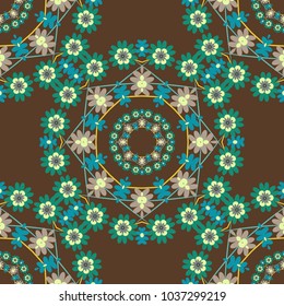Islam, Arabic, Indian, ottoman motifs. Perfect for printing on fabric or paper. Seamless pattern tile with mandalas. Vintage vector decorative elements in blue, brown and green colors.
