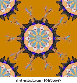 Islam, Arabic, Indian, ottoman motifs on a beige, blue and yellow colors. Flower Mandala seamless pattern. Vector Ethnic Oriental Circle Ornament.