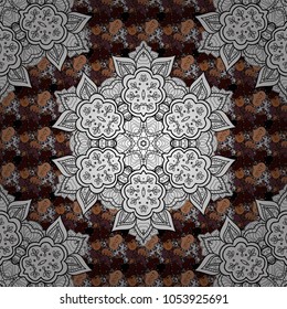 Islam, Arabic, Indian, ottoman motifs. Vector seamless pattern tile with mandalas. Perfect for printing on fabric or paper. Hand drawn sketch on white, black, brown colors. Vintage decorative elements