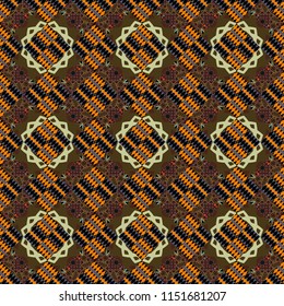 Islam, Arabic, Indian, ottoman motifs. Seamless pattern tile. Perfect for printing on fabric or paper. Vintage vector decorative elements in orange, purple and brown tones.