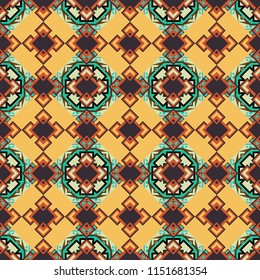 Islam, Arabic, Indian, ottoman motifs. Seamless pattern tile with mandalas. Perfect for printing on fabric or paper, textile. Raster vintage decorative elements in green, blue and beige colors.