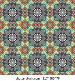 Islam, Arabic, Indian, ottoman motifs. Seamless ceramic tile with colorful patchwork. Design in brown, gray and blue colors. Vector multicolor pattern in turkish style.