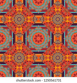 Islam, Arabic, Indian, ottoman motifs. Seamless ceramic tile with colorful patchwork. Design in orange, red and brown colors. Vector multicolor pattern in turkish style.