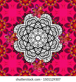 Islam, Arabic, Indian, ottoman motifs on a red, white and magenta colors. Vector Ethnic Oriental Circle Ornament. Flower Mandala seamless pattern.