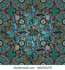Islam, Arabic, Indian, ottoman motifs. Vector seamless pattern tile with mandalas. Perfect for printing on fabric or paper. Hand drawn sketch on beige, green, blue colors. Vintage decorative elements.
