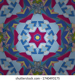 Islam, Arabic, Indian, ottoman motifs. Hand drawn sketch on purple, gray, blue colors. Vector seamless pattern tile with mandalas. Vintage decorative elements. Perfect for printing on fabric or paper.