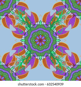 Islam, Arabic, Indian, ottoman motifs. Vintage decorative elements. Vector seamless pattern tile with mandalas. Hand drawn sketch on green background. Perfect for printing on fabric or paper.