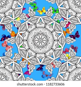Islam, Arabic, Indian, turkish, pakistan, chinese, ottoman motifs. Vintage vector decorative elements. Oriental pattern. Colored Mandalas on white, blue and black colors.