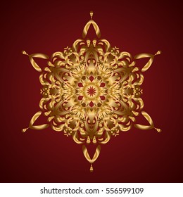 Islam, Arabic, Indian, Turkish, Pakistan. Vintage Gold Pattern. Gold Over red. Decorative Indian Round Mandala on red background. Invitation Card, Scrapbooking. Christmas Card Mandala Design.