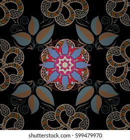 Islam, Arabic, Indian, turkish, pakistan, chinese, ottoman motifs. Oriental pattern. Vintage vector decorative elements. Colored Mandalas on black background.