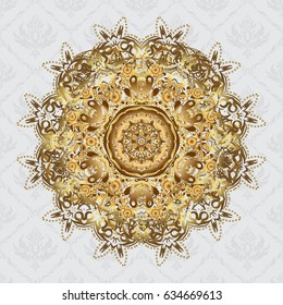 Islam, Arabic, Indian, turkish, pakistan, chinese, ottoman motifs. Golden Mandalas on gray background. Oriental pattern. Vintage vector decorative elements.