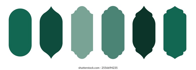 Islam arches. Arab mosque windows set vector illustration. Isolated collection of frames in different shapes of color green. Traditional Arabian design elements and decor for Islamic holidays.