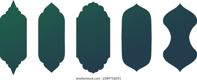 Islam arches mosque windows shape collection of frames in green blue gradient color. Traditional Arabian flat design elements and décor. Muslim architecture geometric design vector illustration