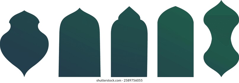 Islam arches mosque windows shape collection of frames in green blue gradient color. Traditional Arabian flat design elements and décor. Muslim architecture geometric design vector illustration
