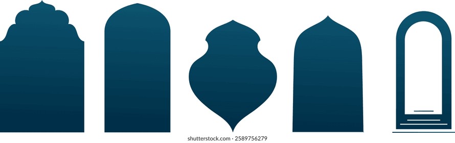Islam arches mosque windows shape collection of frames in dark blue gradient color. Traditional Arabian flat design elements and décor. Muslim architecture geometric design element vector illustration