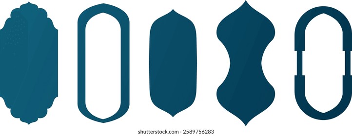 Islam arches mosque windows shape collection of frames in dark blue gradient color. Traditional Arabian flat design elements and décor. Muslim architecture geometric design element vector illustration