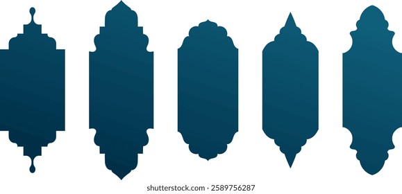Islam arches mosque windows shape collection of frames in dark blue gradient color. Traditional Arabian flat design elements and décor. Muslim architecture geometric design element vector illustration