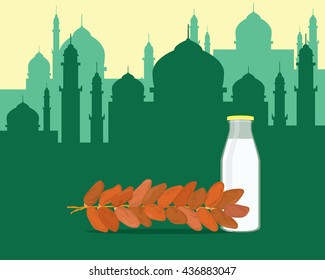 islam break fasting with food dates and glass of water milk vector graphic illustration